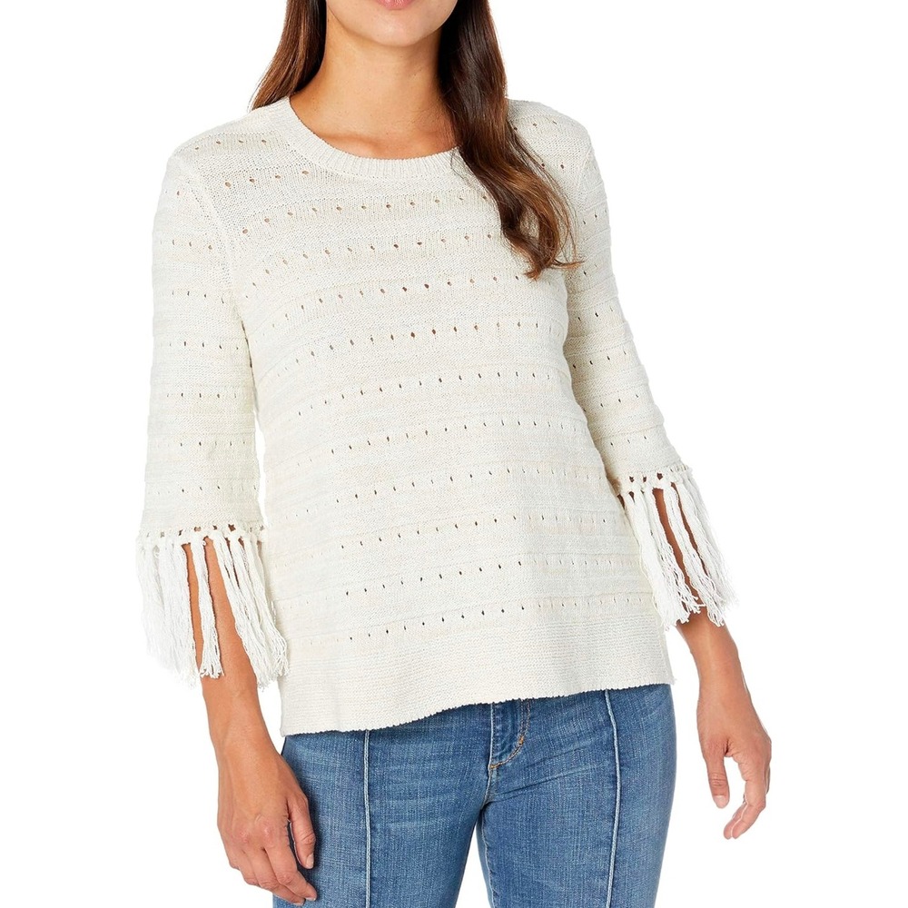 NIC+ZOE Cream Pointelle Fringe Sleeve Open Back Sweater Womens‎ Medium NWT